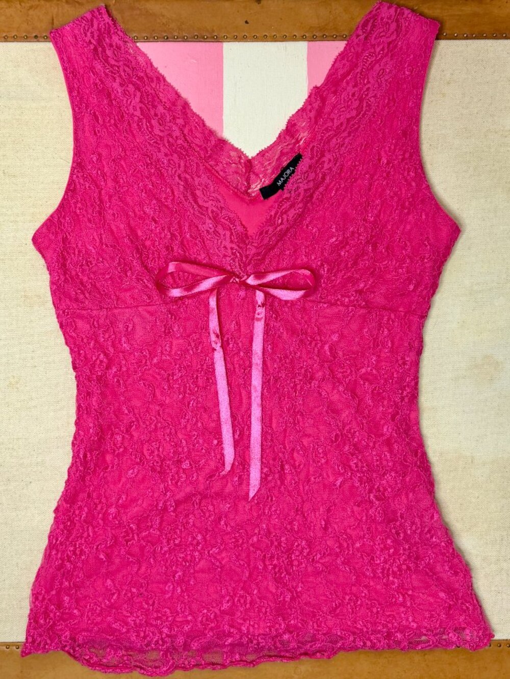 🎀 Vintage Majora Y2K Hot Pink Lace Satin Bow Coquette Top M